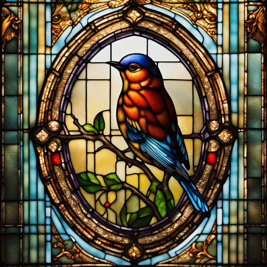 Bird in Stained Glass Window: Hyperrealistic Image