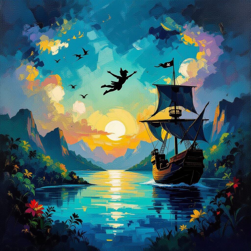 Peter Pan Flying Over Surreal Neverland Pirate Ship