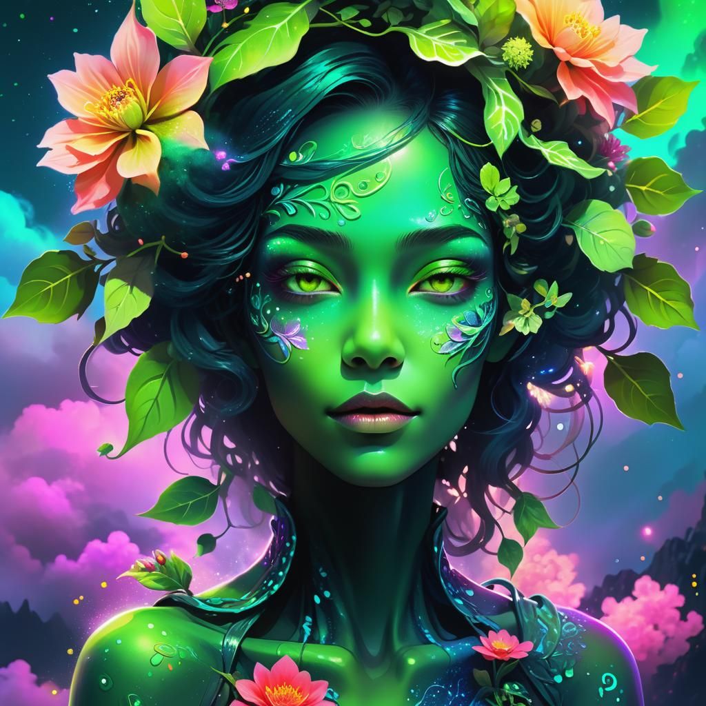 Mysterious Half-Leaf Creature with Neon Flowers