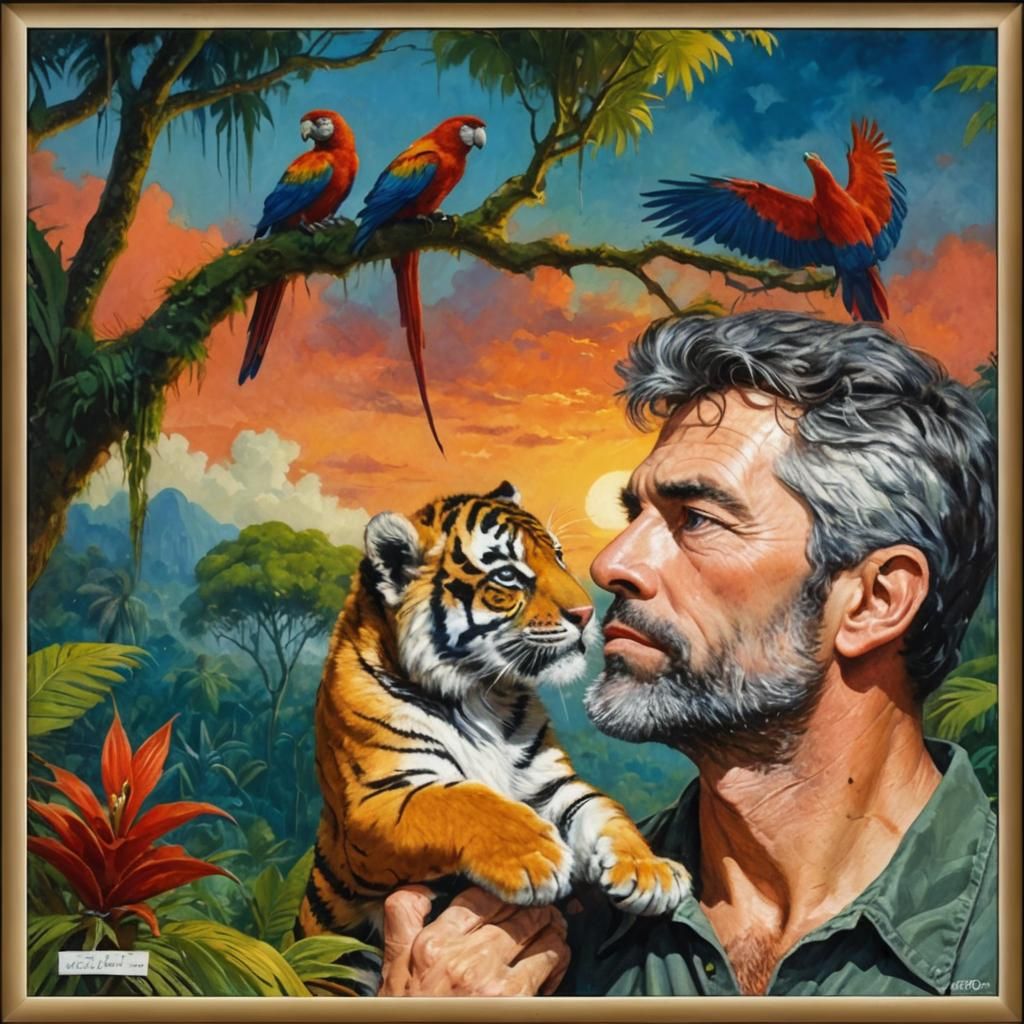 Man and Tiger in Tropical Forest Oil Painting