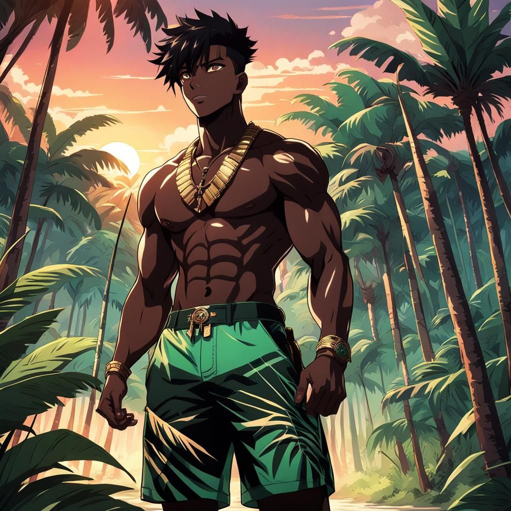 Anime Boy in Amazon Jungle at Sunset