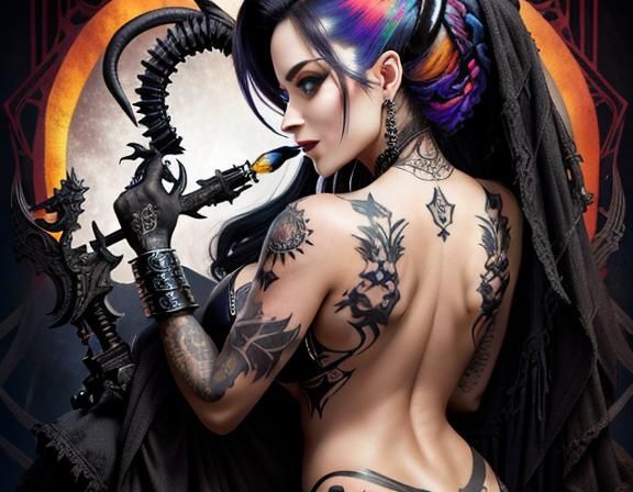 Macabre Tattoo Art: Satanist Latina Pinup in Giger Style
