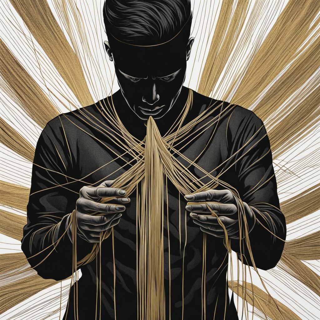 Sad Man with Threads: Line Art in Black, Gold, White
