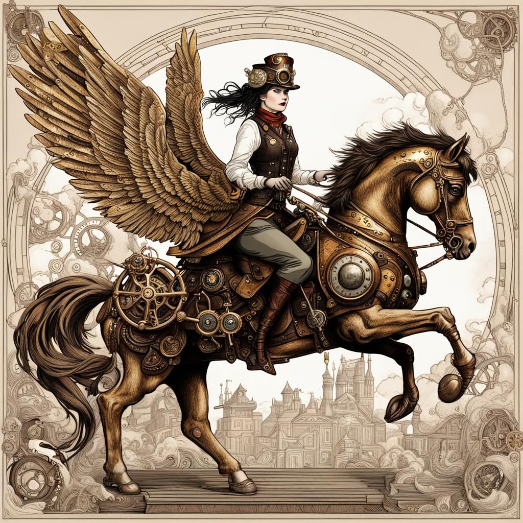 Steampunk Woman Astride a Mechanical Pegasus