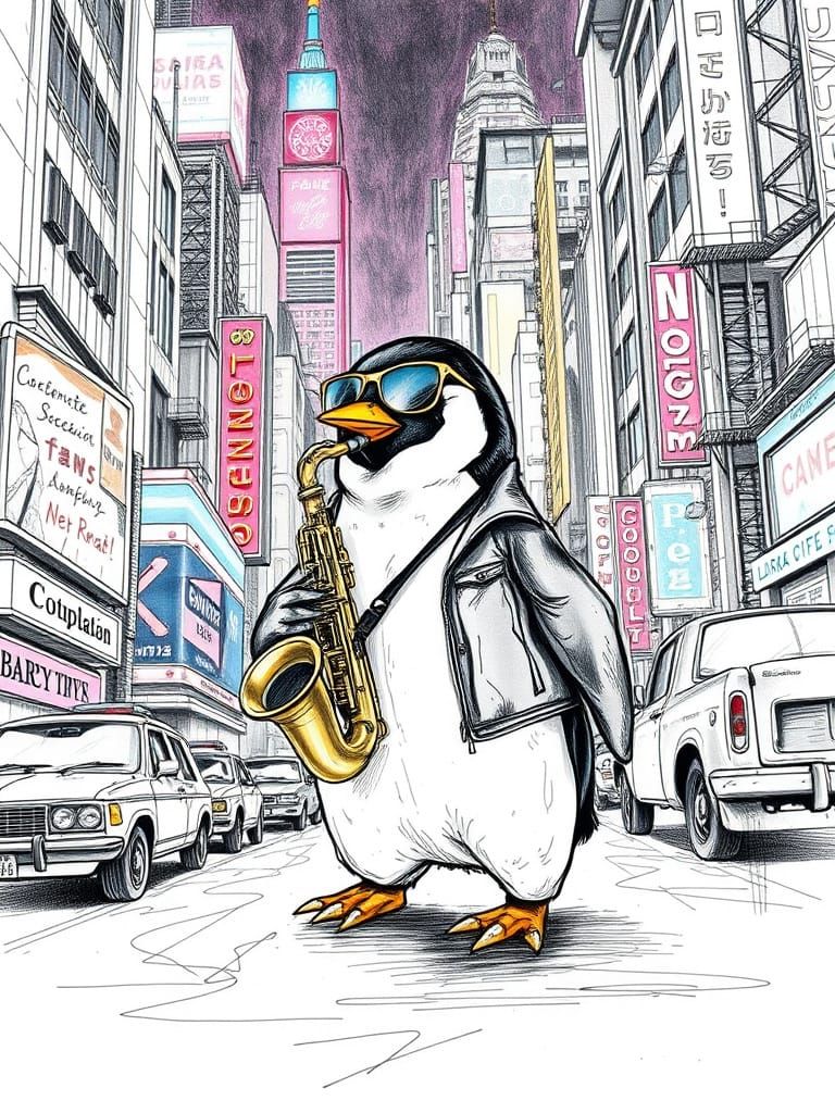 Penguin Saxophonist in Cyberpunk City: Pencil and Ink