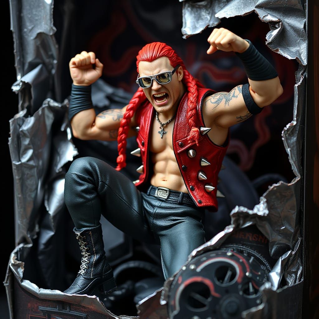 Cyberpunk Wrestler with Demonic Flame Tattoos and Mirrored S...