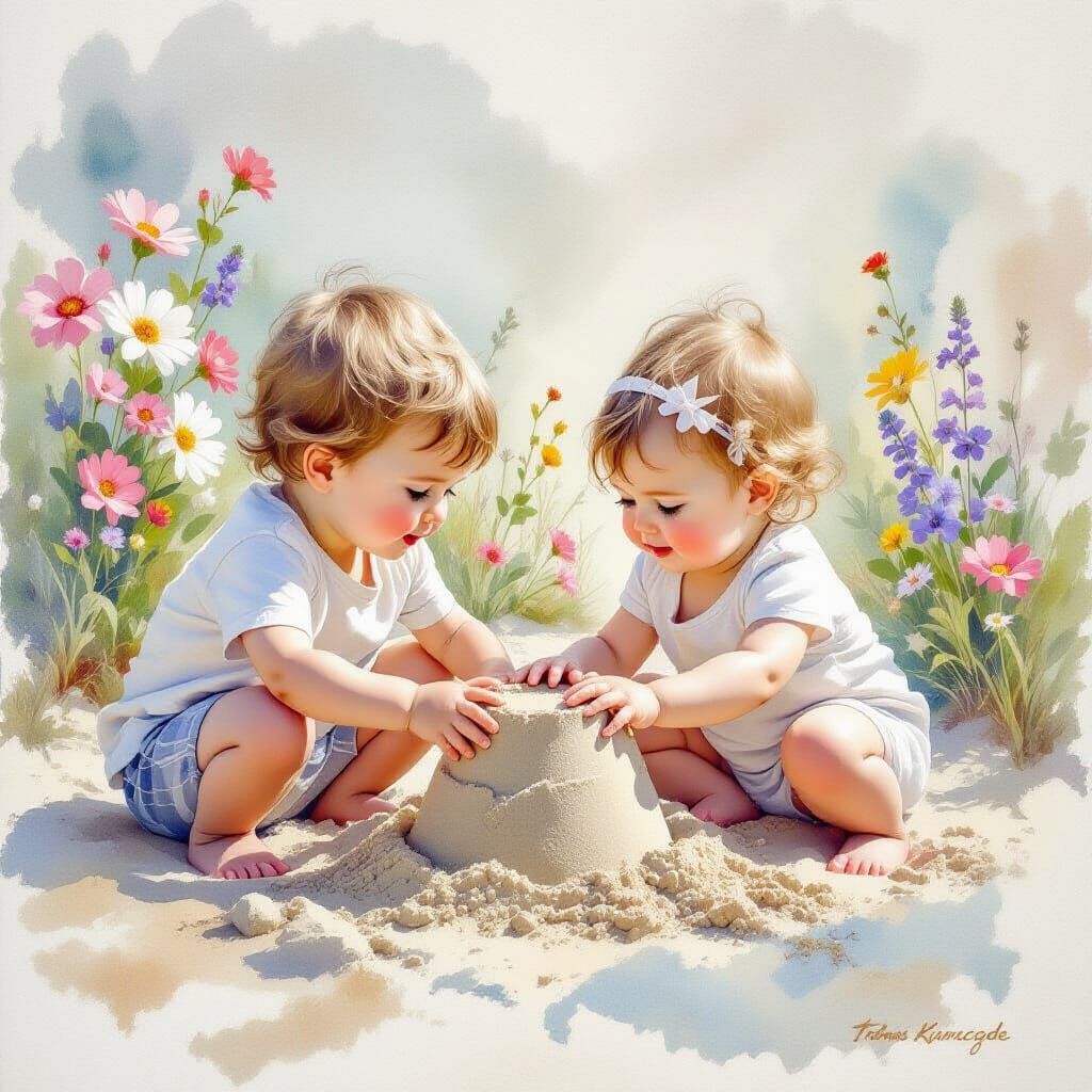 Ethereal Watercolour of Siblings Building Sand Castle