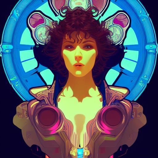 Mech-Angel Gunslinger Portrait in Synthwave Style