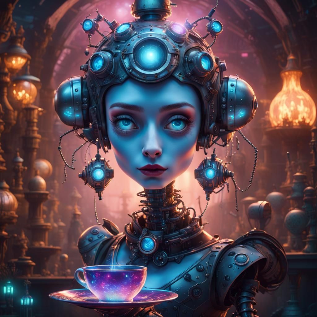 Robotic Butler Serving Tea in Bioluminescent Wonderland