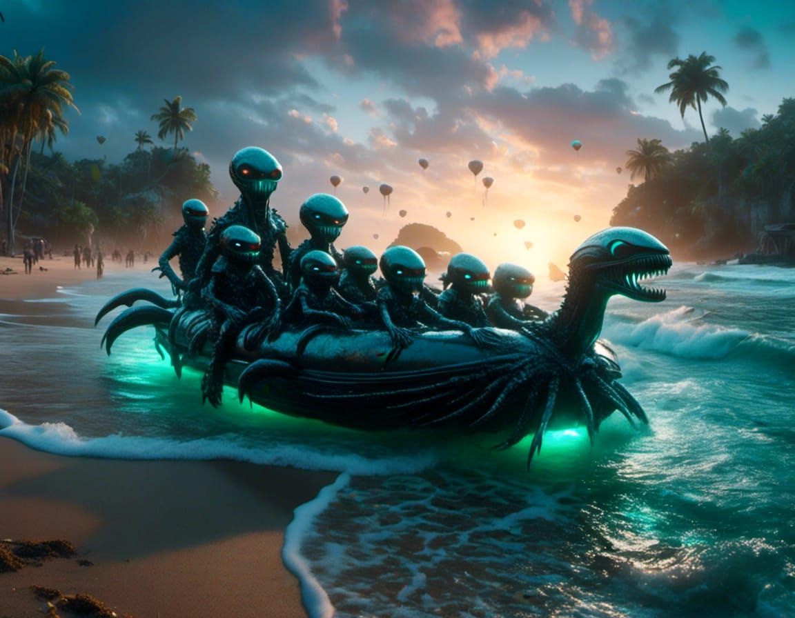 alien creatures in a rubber boat