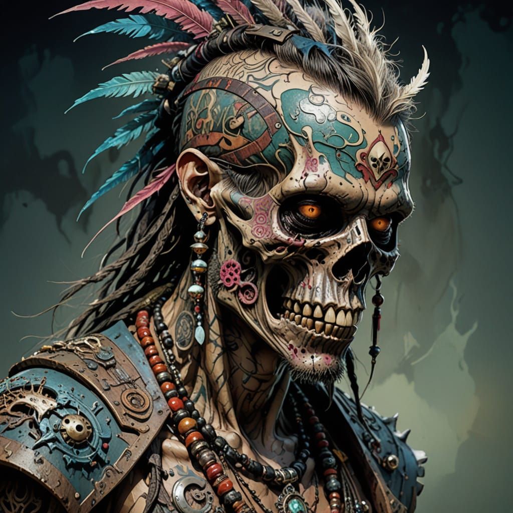 Cosmic Zombie Pirate in Tribal Attire, Surrounded by Fractal...