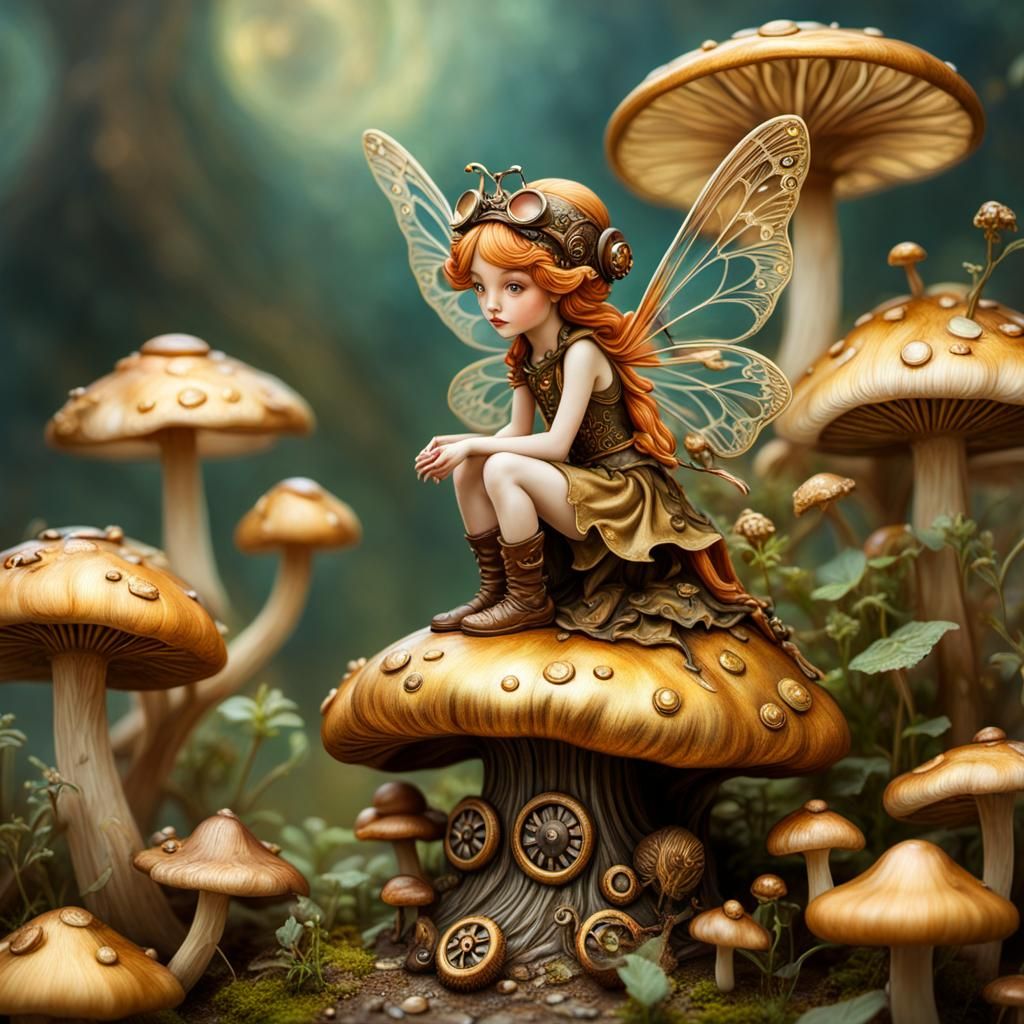 Steampunk Fairy on Golden Mushroom