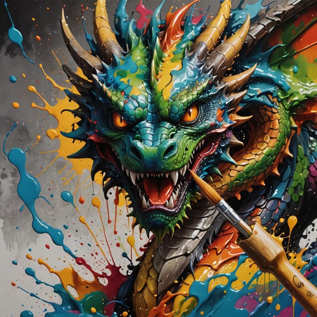 Polychromatic Dragon in Splash Graffiti Art Style