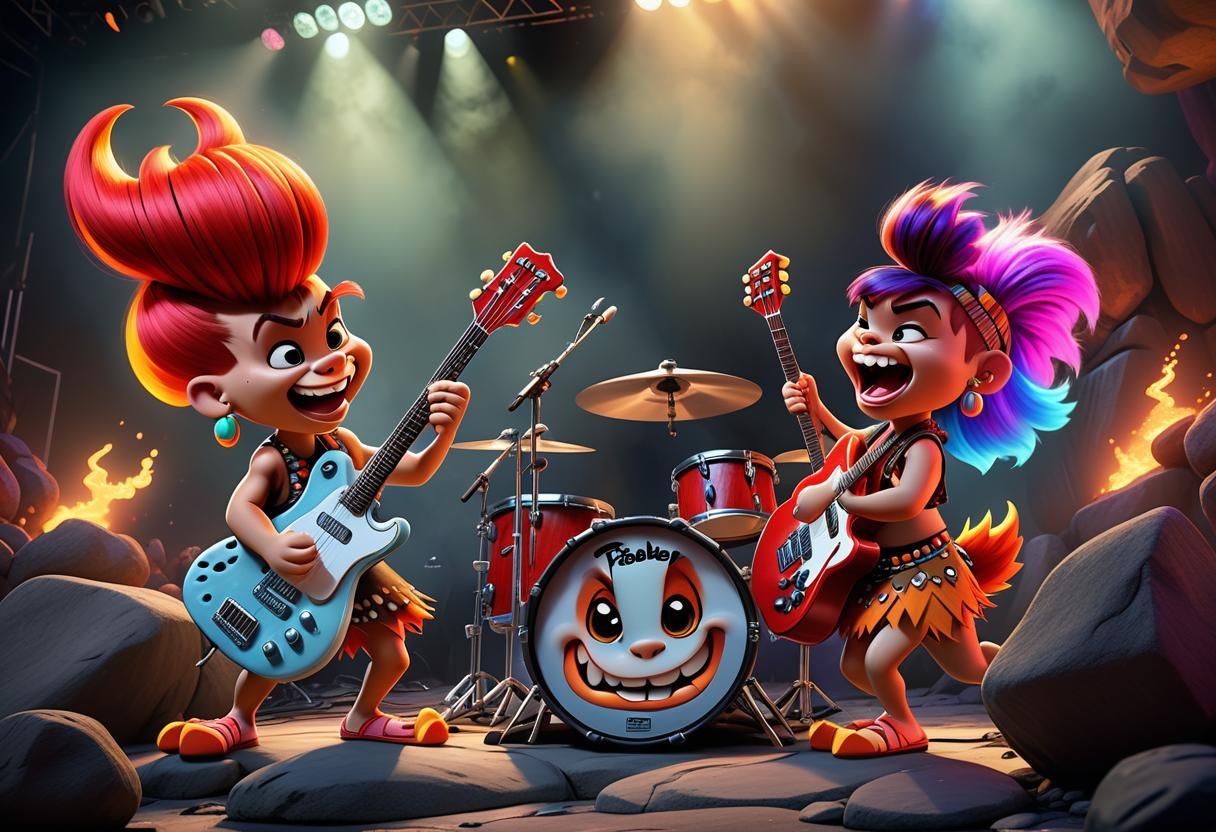 Pebbles and Bamm-Bamm Rock Concert in Cartoon Art
