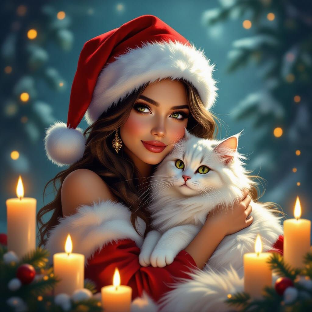 Ethereal Fantasy Art: Woman with Cat and Candles