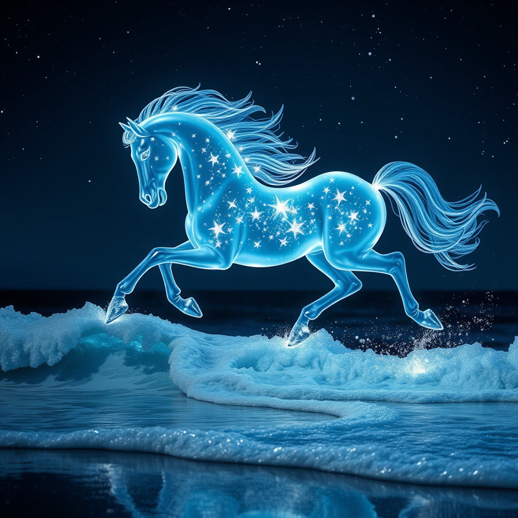 Luminous Glass Horse Leaping Under Starry Night