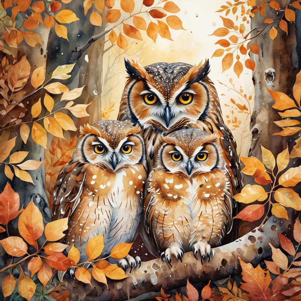 Watercolor Owl Family in Autumn Leaves