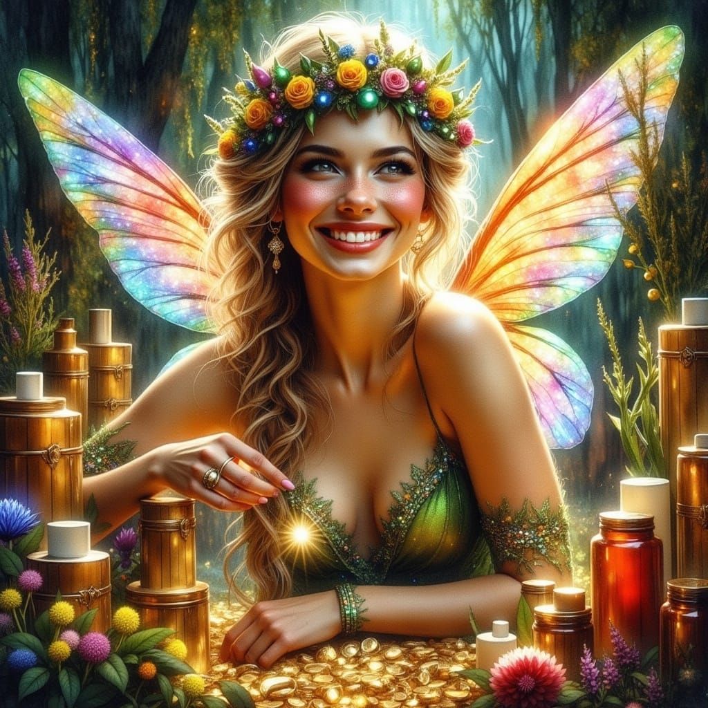 Faerie in Whimsical Fantasy Scene with Glittering Treasures...
