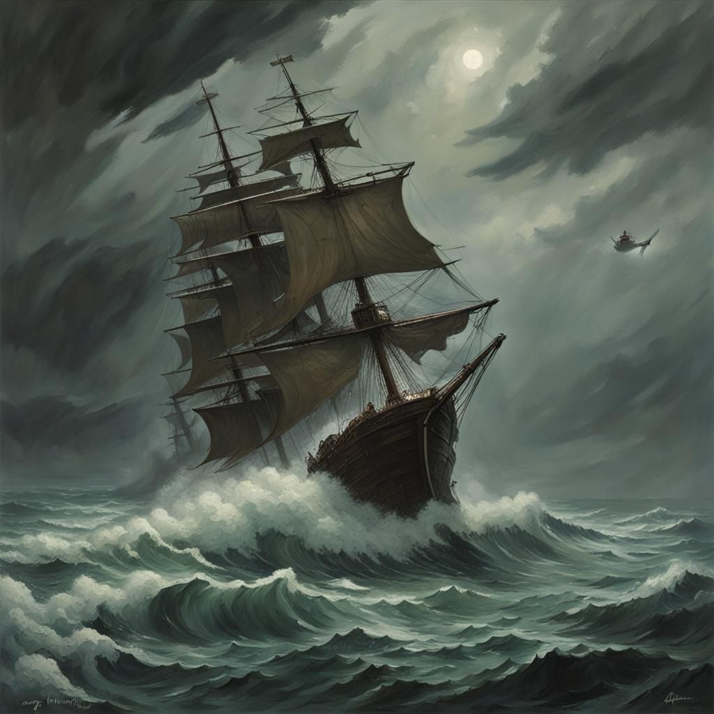 Sinister Flying Dutchman Sailing Stormy Seas