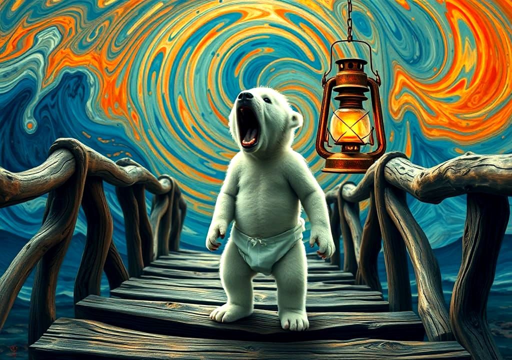 Emotive Polar Bear Cub Screaming in Expressionist Style