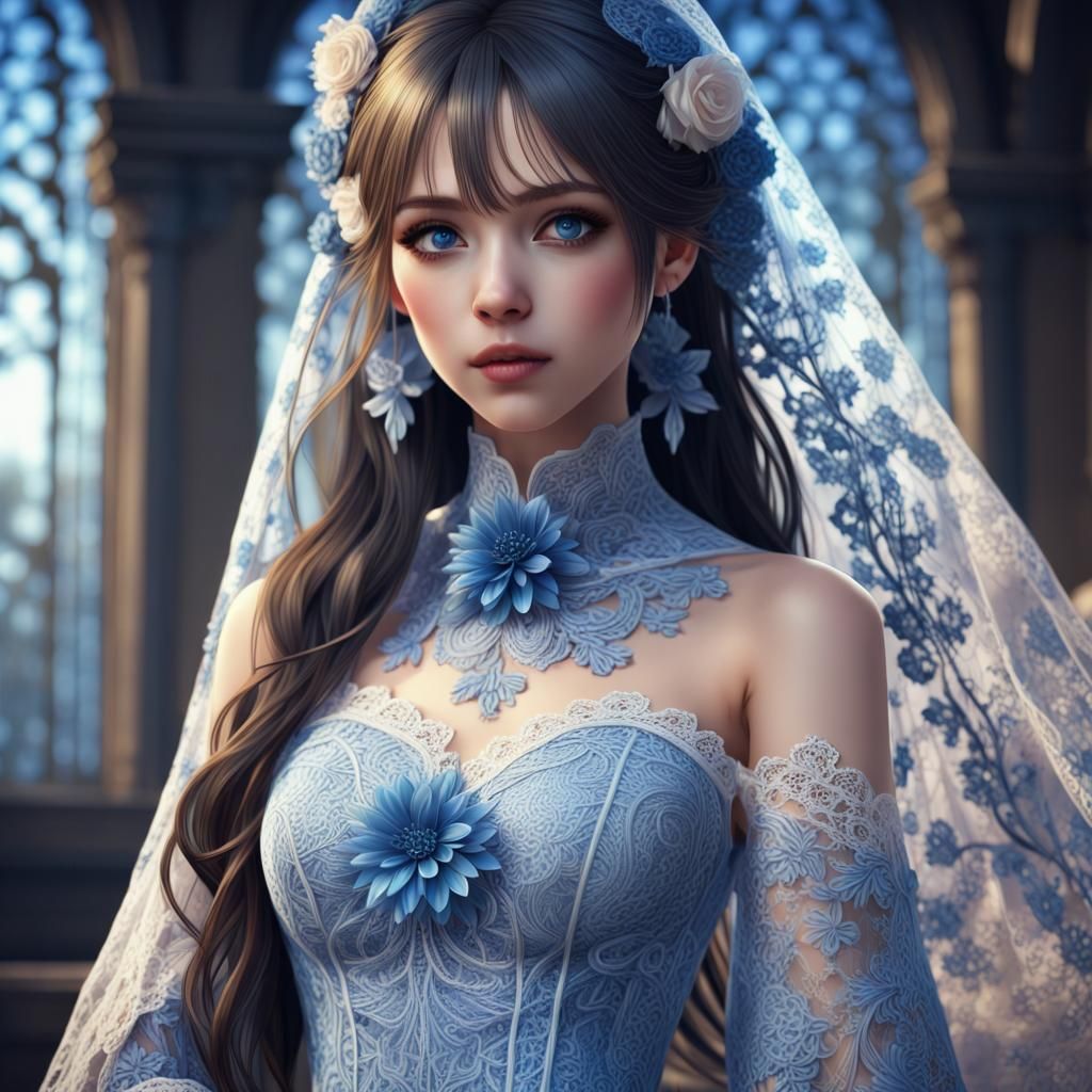 Anime Girl with Floral Lace Veil in 8K