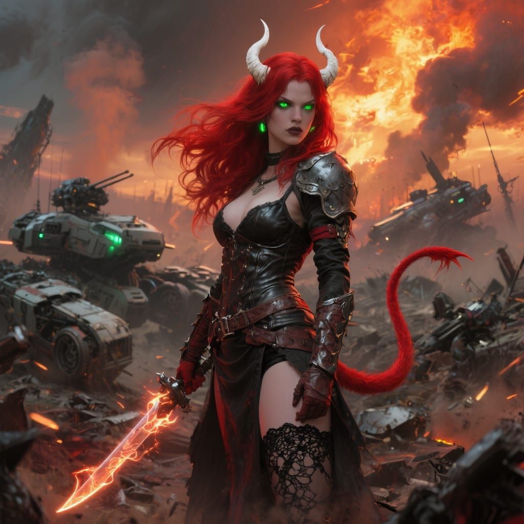 Fiery Devil Warrior on Battlefield, in Dark Fantasy Style