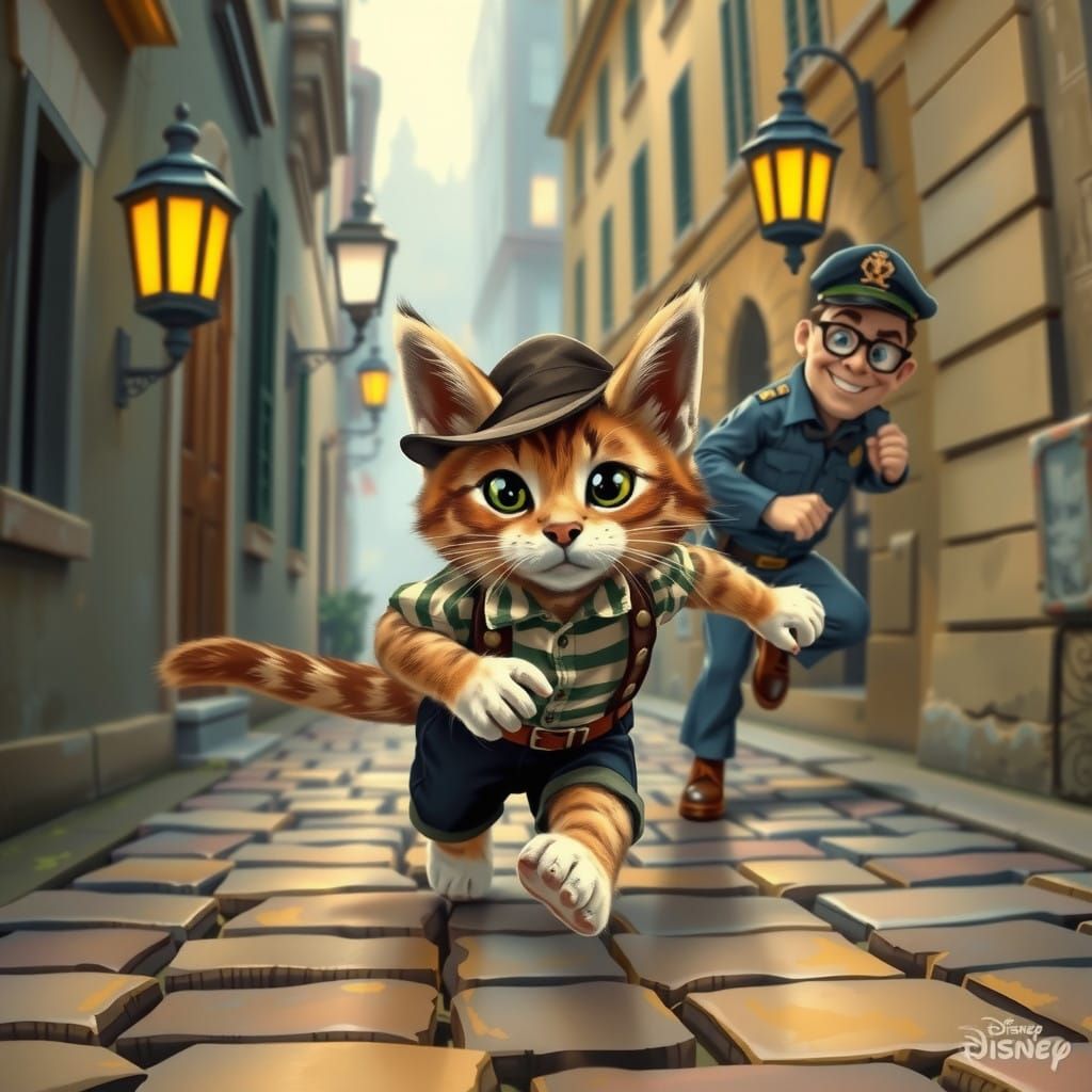 Kitten Runs from Vintage Policeman in Whimsical Alleyway