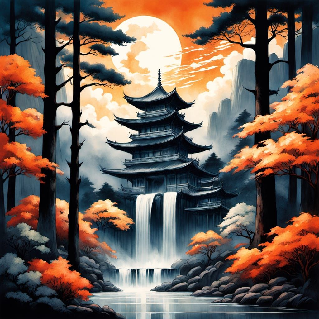 Karate Master Meditates in Japanese Ink Wash Style