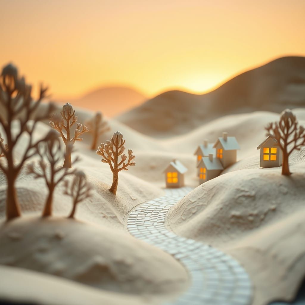 Miniature Paper World with Origami and Glowing Houses