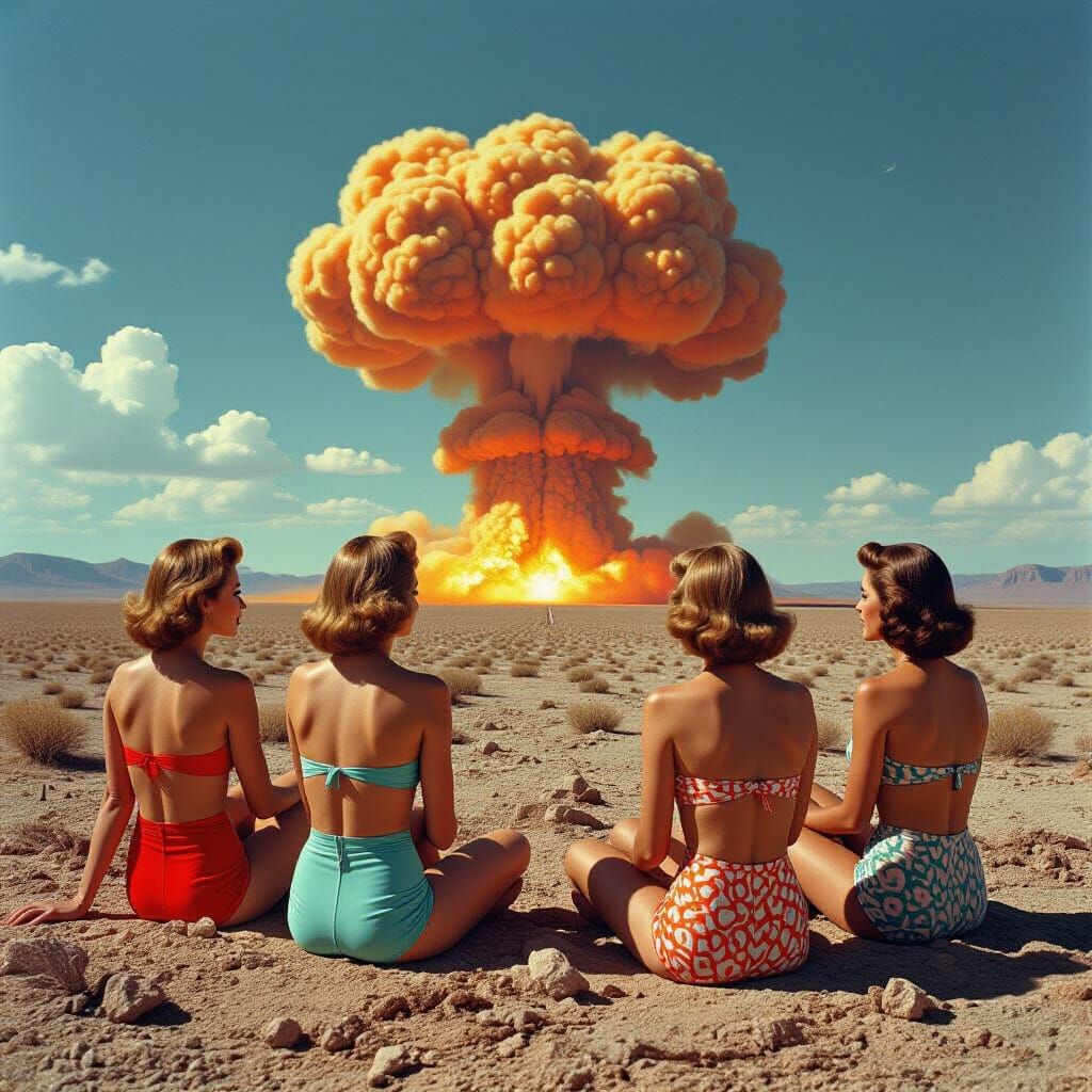 Women in Bikinis Amidst Atomic Blast, 1950s Pop Art Style