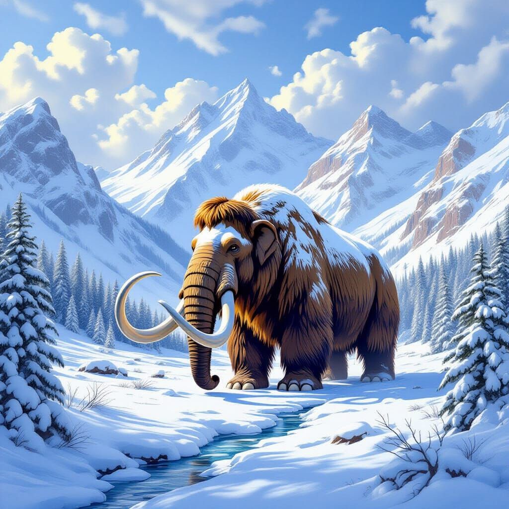 Majestic Woolly Mammoth in Snowy Valley