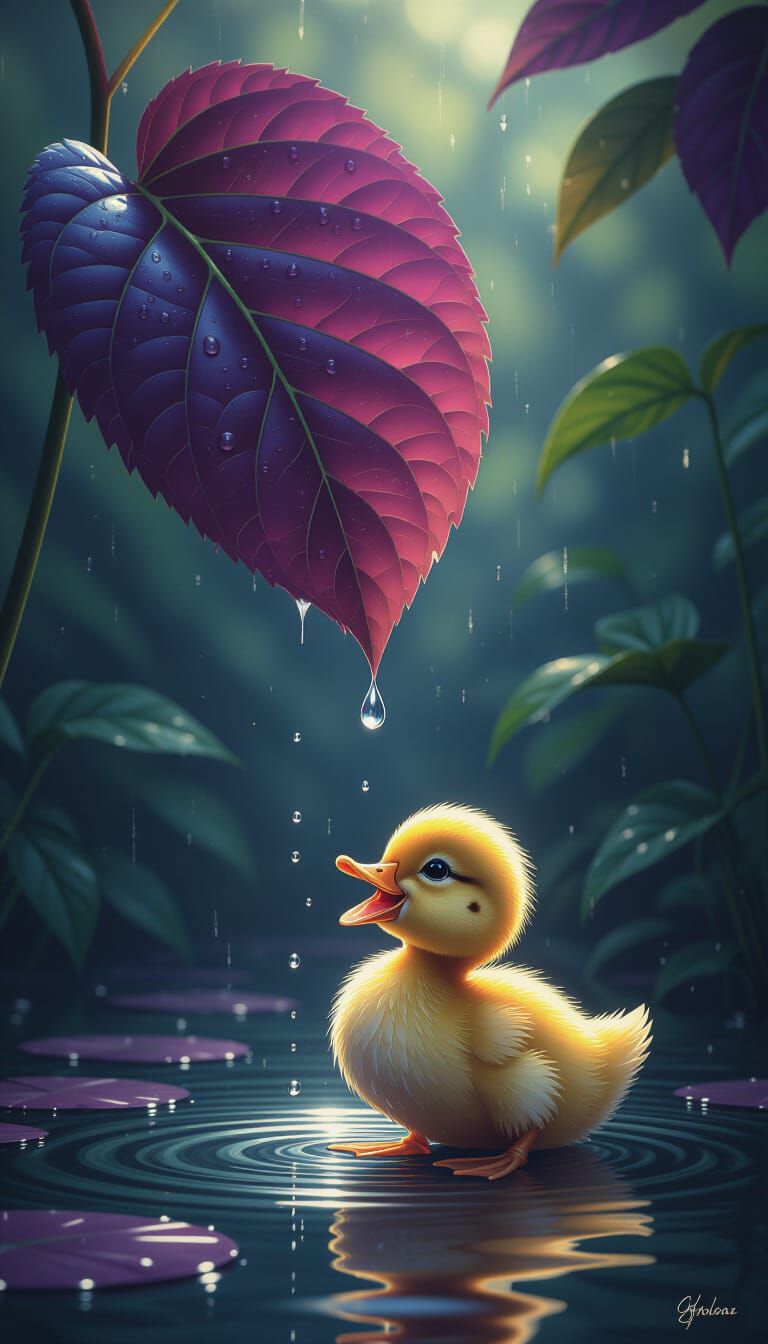 Fluffy Duck Catches Water Drop on Dewy Leaf