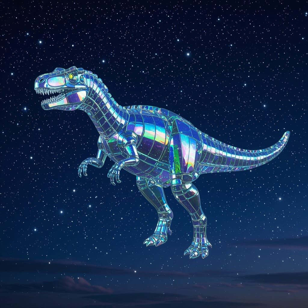 Glass Dinosaurs Soaring Through Starry Night Sky
