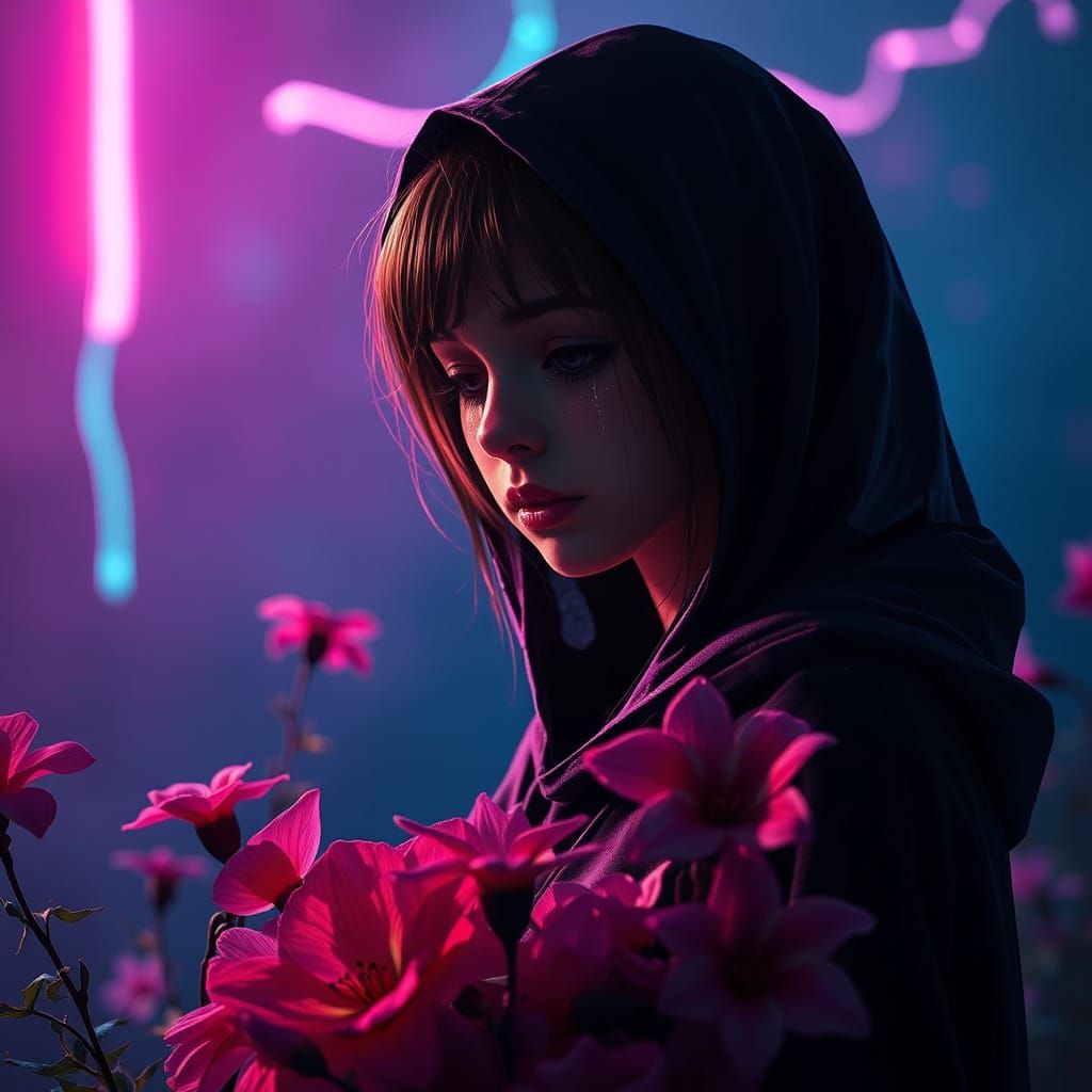 Girl Crying in Neon Flower Darkness