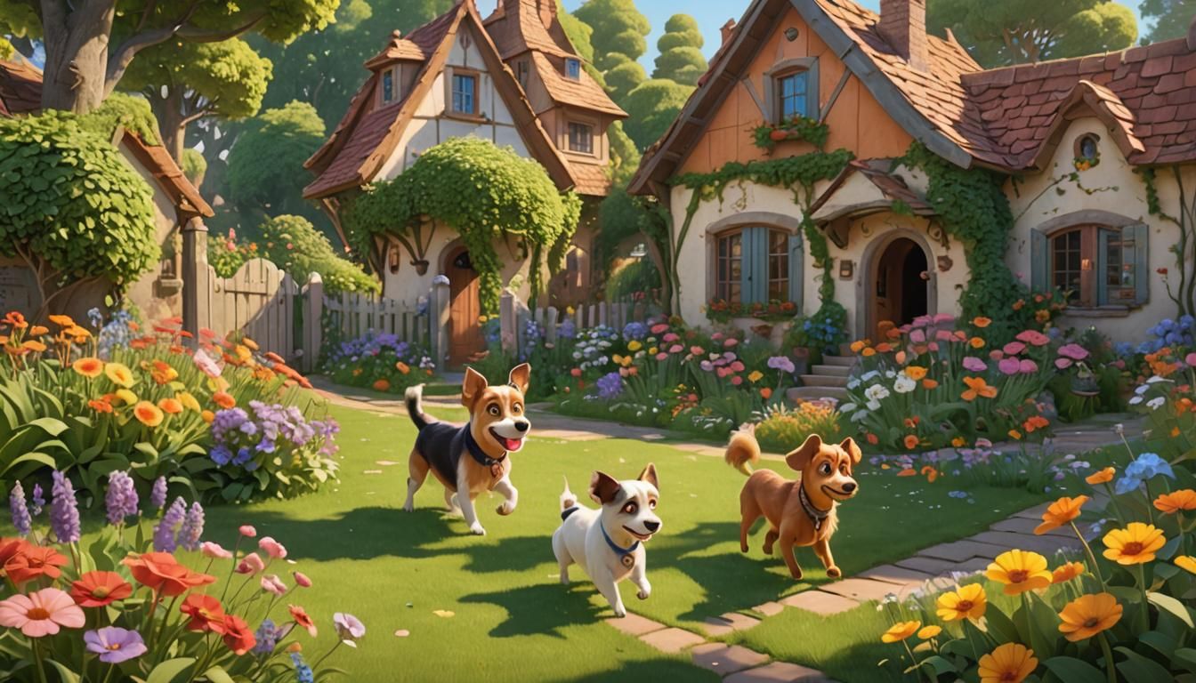 Girls Play in Sunny Garden: 3D Digital Art