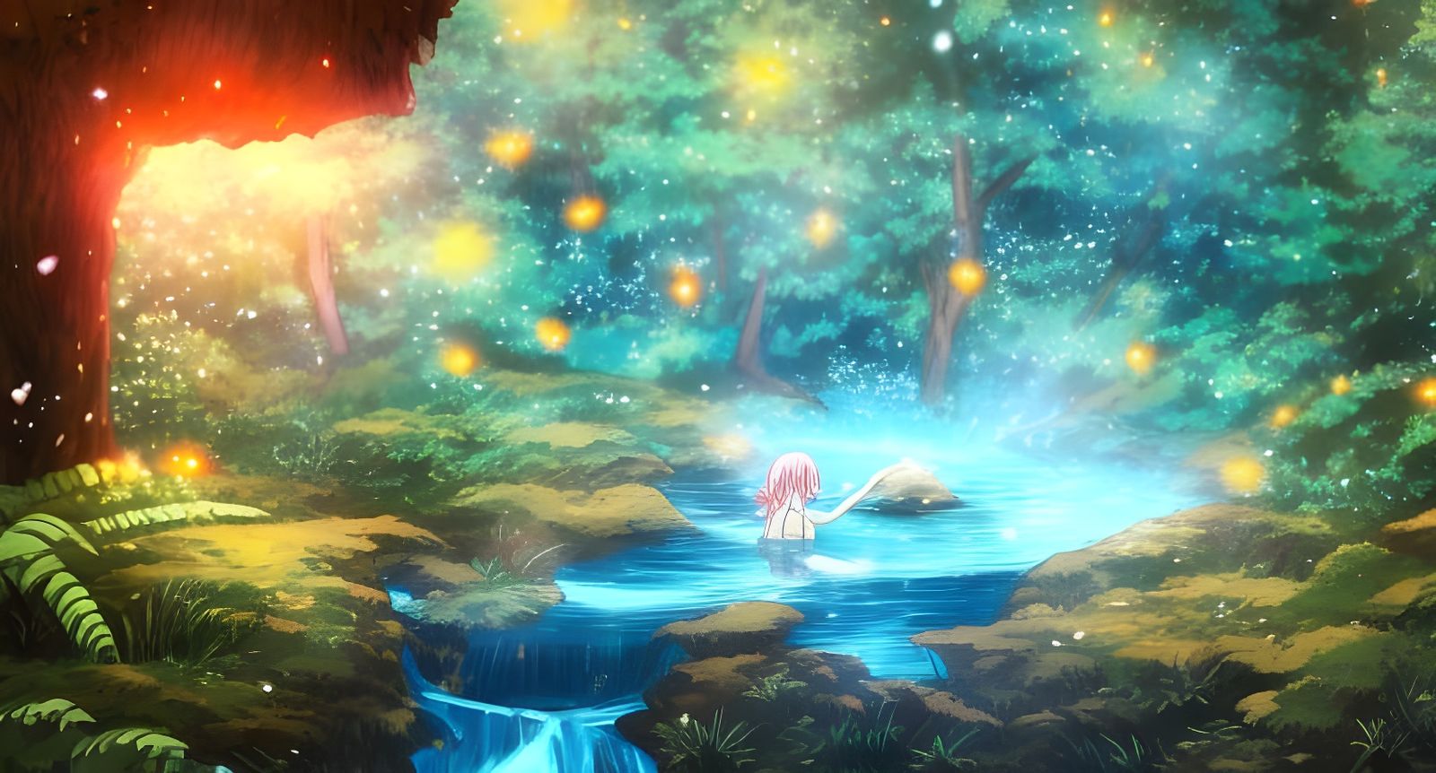 Magical Anime Hot Spring Cave in Forest