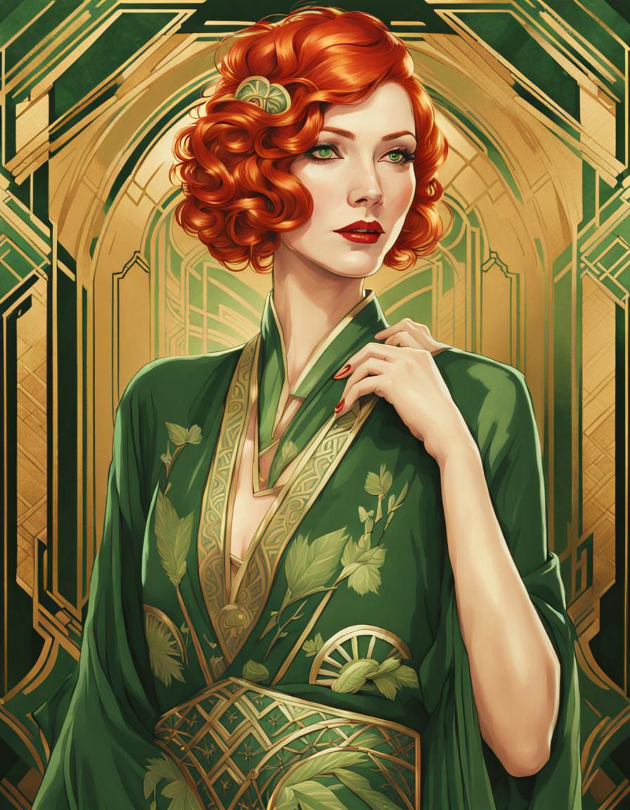 Art Deco Portrait of Red-Haired Woman in Hanfu Dress