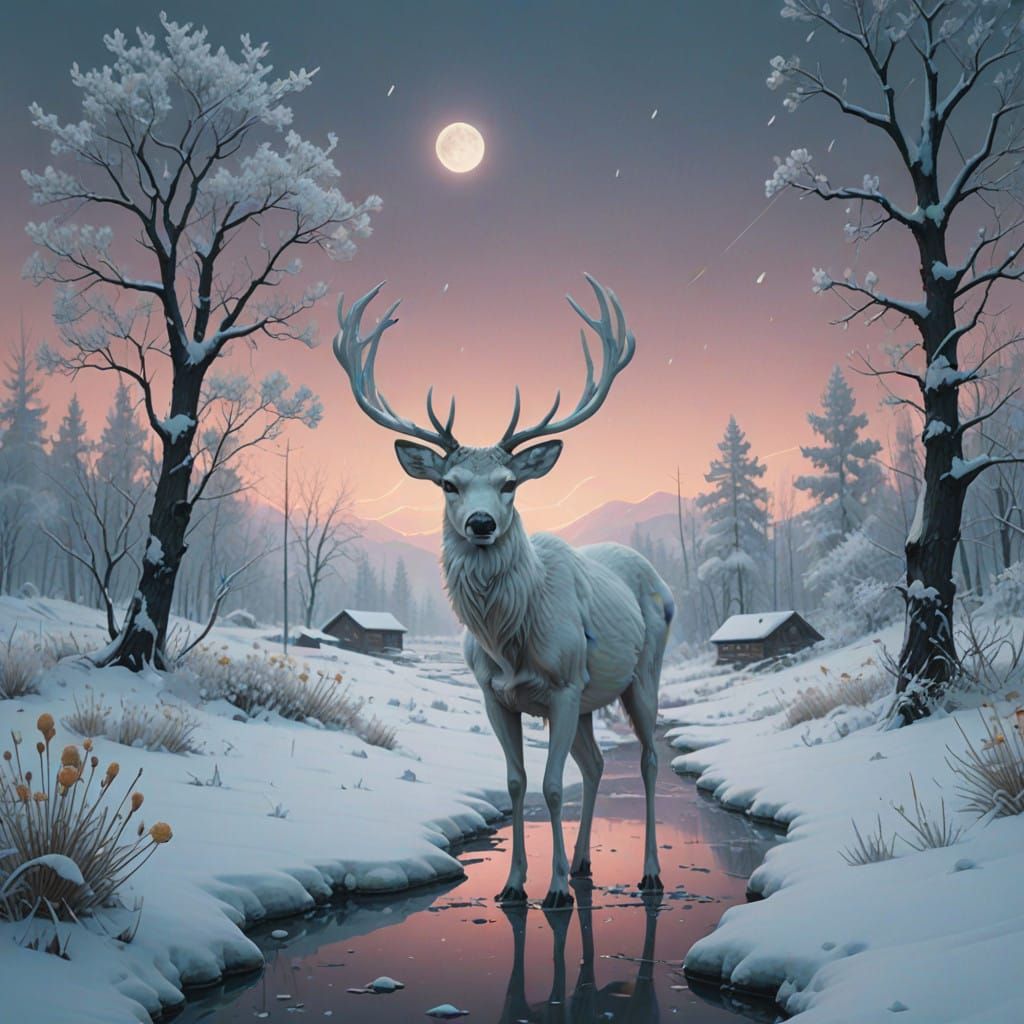 Ethereal White Deer Silhouetted Amidst Snowy Landscape