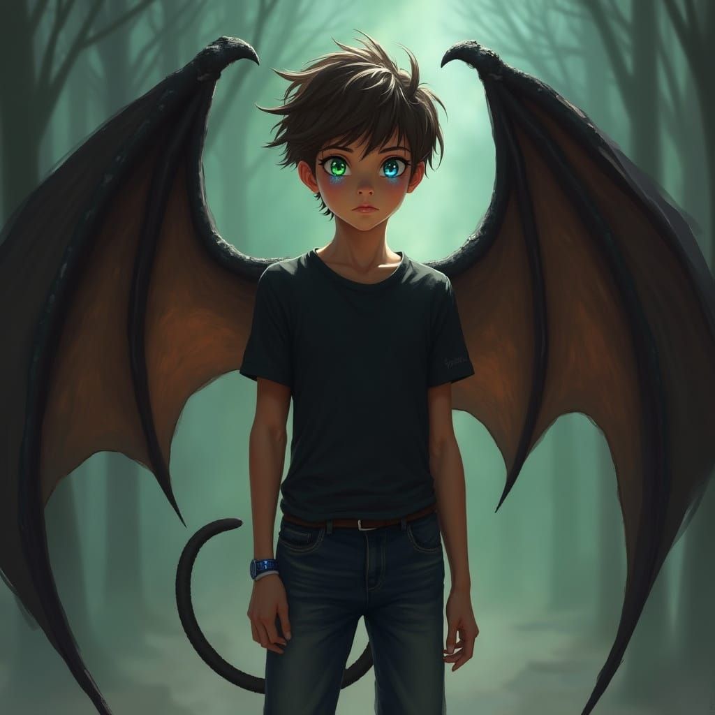 Mystical Teenager with Demon Wings, Digital Art