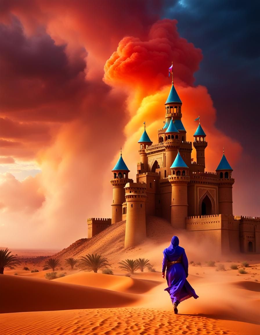 Desert Castle Confronts Approaching Dust Storm