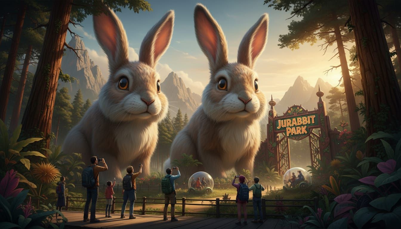 Jurabbit Park: Giant Furry Bunny Dinosaurs in Lush Landscape