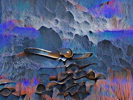 Surreal Spoon Pierces Wall in Dark Landscape