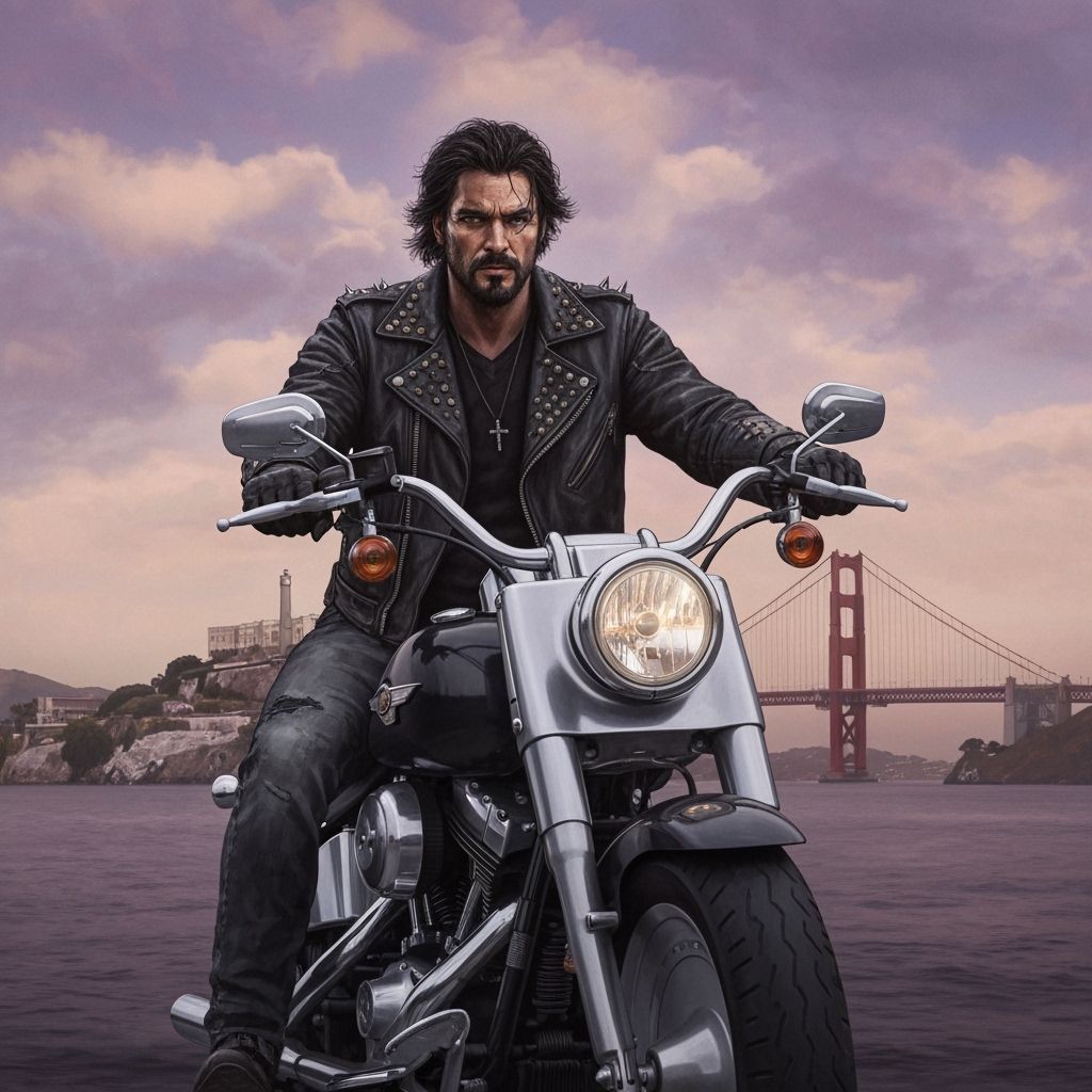 Biker on Harley Davidson with Alcatraz in Background
