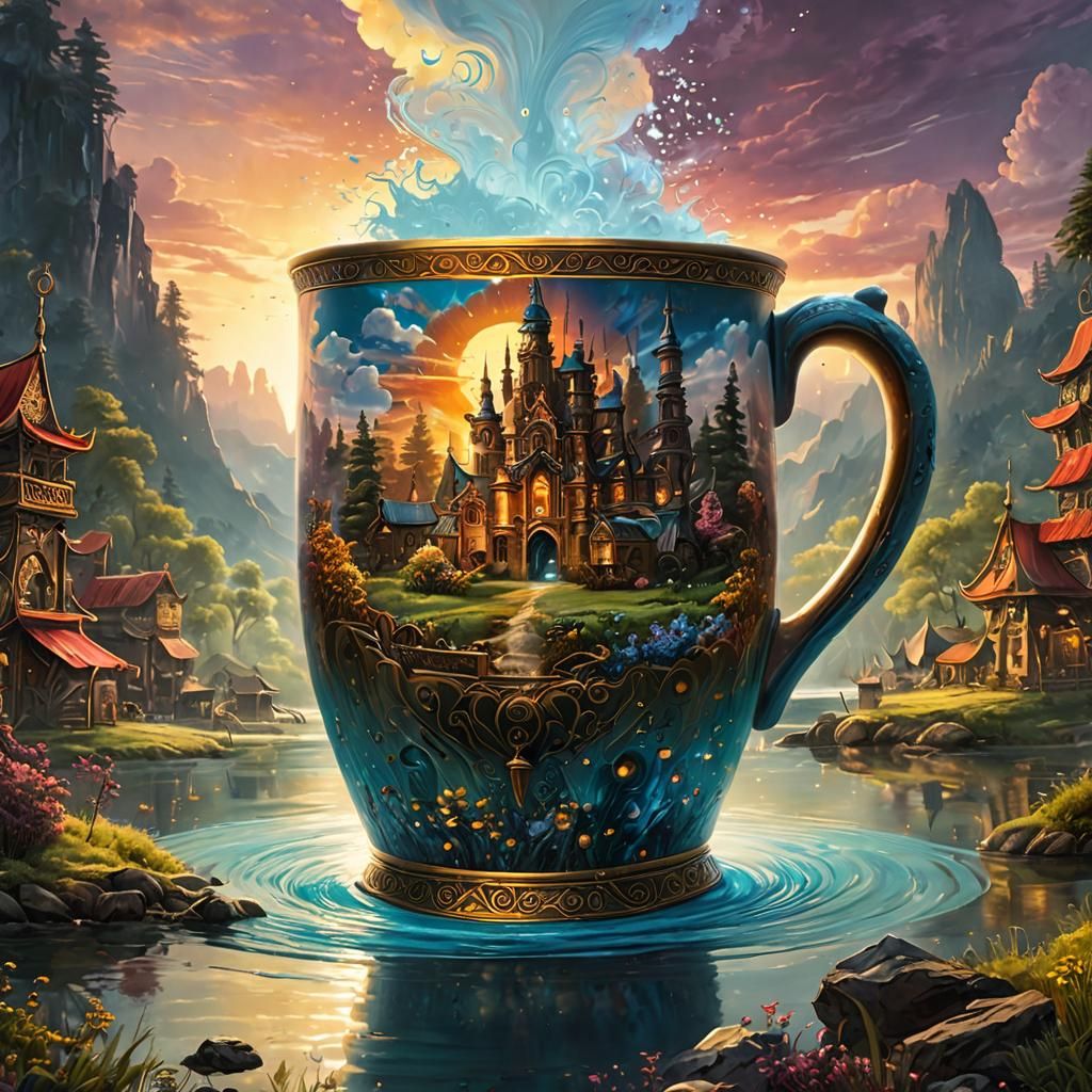 Deity's Hand: Steampunk Village in Cosmic Mug