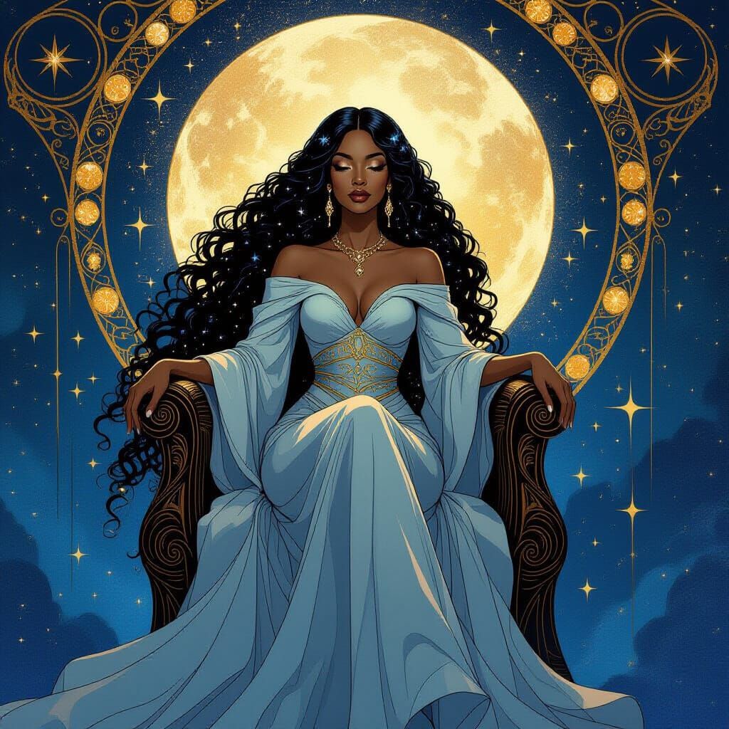 Celestial Sorceress on Galactic Throne in Art Nouveau Style