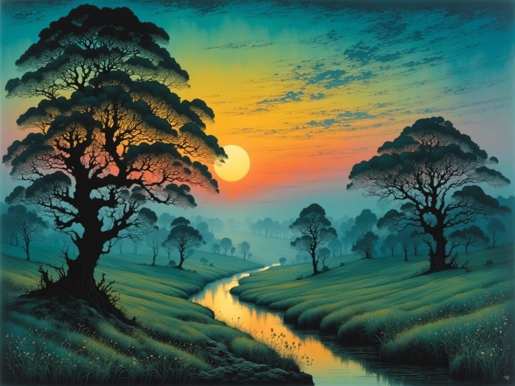 Dusk Lake Landscape with Old Oak Trees in Dark Art Style