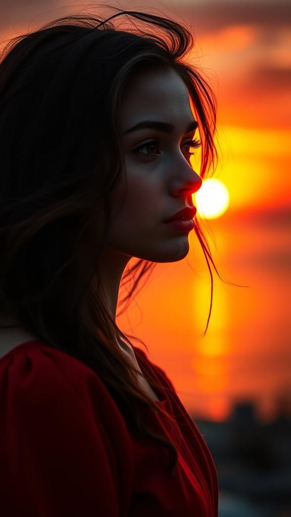 Hyperrealistic Woman in Red at Sunset