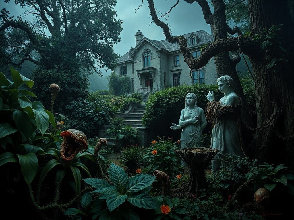 Eerie Overgrown Garden Surrounds Decaying Mansion