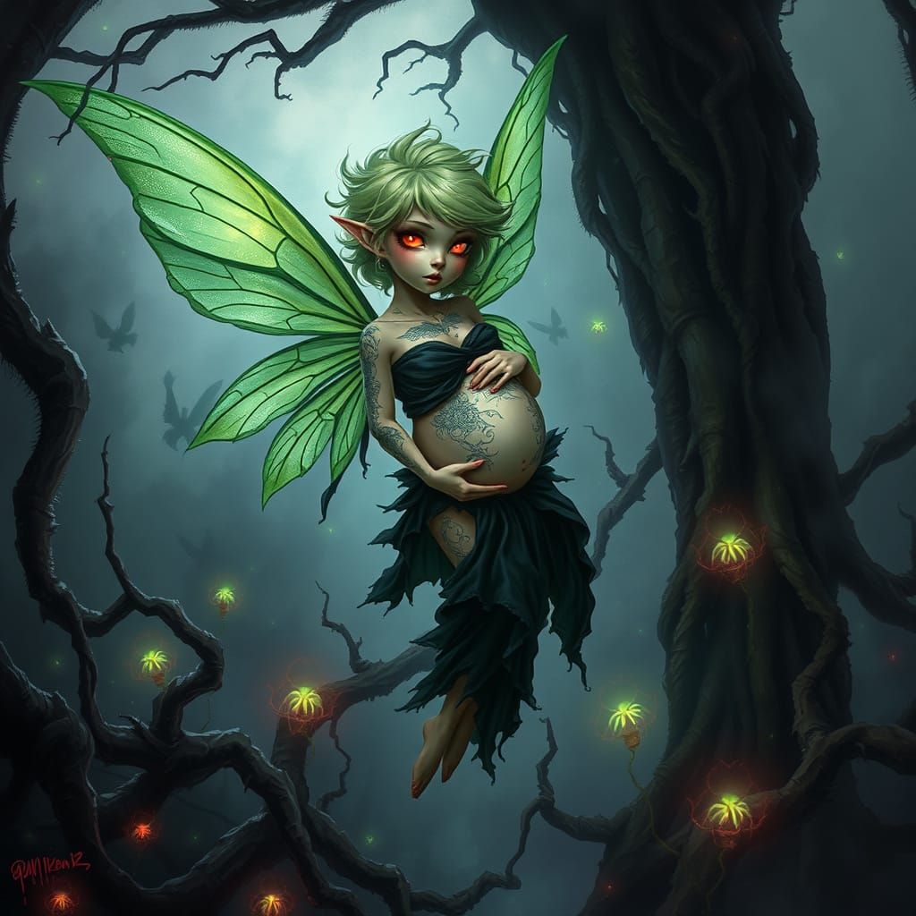 Pregnant Fairy in Hellish Landscape, Dark Fantasy Art