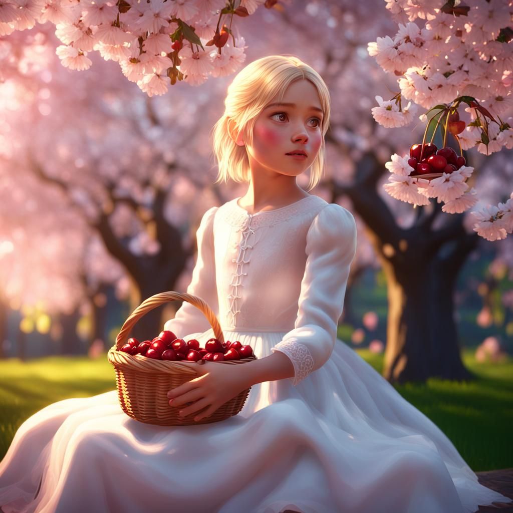 Girl with Cherries Under Blooming Cherry Trees